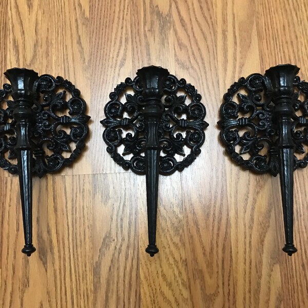 Viktorianischer Gothic Kerzenständer Vintage Kerzenständer, Set 3 Gothic Halter, viktorianisch dunkle Wand Deko, schwarze Kerzenleuchter