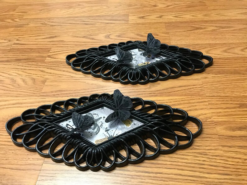 best selling item upcycled Homco decor PAIR Goth wall sconce with Black butterflies set of 2 ~ gothic wall accents ~ gothic decor