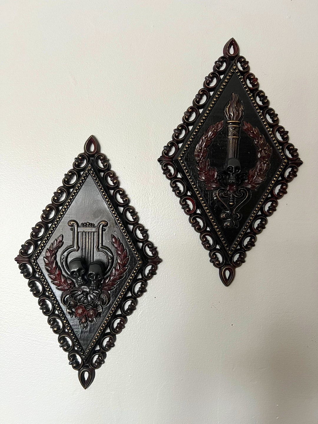 Victorian Gothic Wall Plaques, Gothic Black ,red & Gold, Gothic Skulls