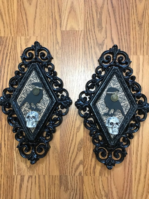 best selling item upcycled Homco decor PAIR Goth wall sconce with Black butterflies set of 2 ~ gothic wall accents ~ gothic decor