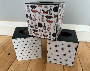 Gothic bat tissue box cover, sold separately, black tissue box cover, gothic home decor, Halloween black Spiders & Cats