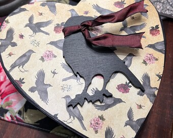 Gothic heart gift box, Raven Crow  themed Valentine’ Day gift set, black heart, decorated gift box set, crow candle and rose inside