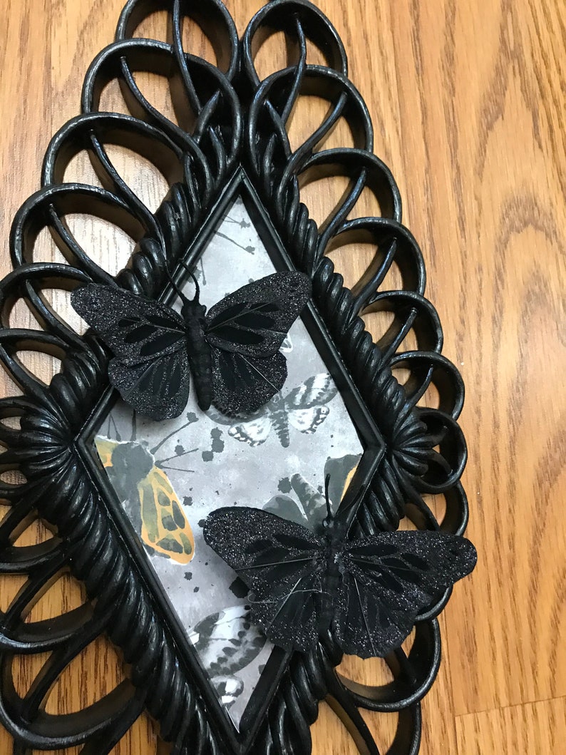 best selling item upcycled Homco decor PAIR Goth wall sconce with Black butterflies set of 2 ~ gothic wall accents ~ gothic decor