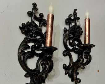Gothic Victorian vintage candle holder sconces, pair gothic candle holders, Victorian dark wall sconces, black homco floral sconces,