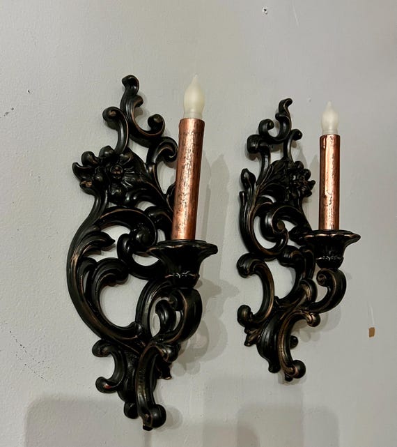 Gothic Victorian vintage candle holder sconces, pair gothic candle holders, Victorian dark wall sconces, black homco floral sconces,