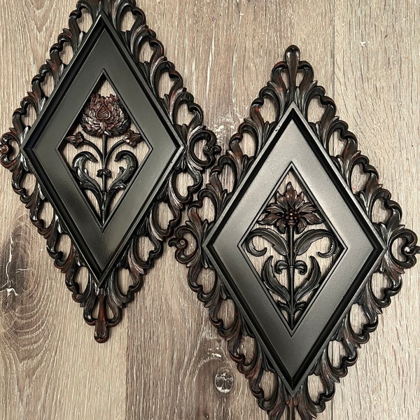 Pair Victorian Goth Decor, Vintage Wall Plaque, Black Wall Art, Gothic Home Decor, Black &Red Wall Decor, Dark Decor floral