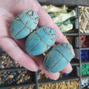 35~40mm Scarab (1) - Blue/Green - Vintage Egyptian Scarab Bead
