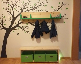 Set of children's wardrobe with shelves with children's bench with storage boxes