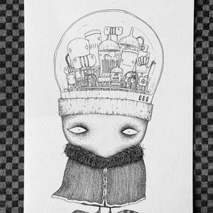 Uomo con cervello a valvole disegnato a mano, inchiostro su carta.