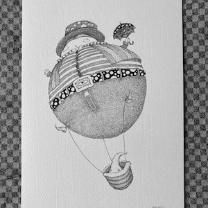 Uomo a forma di mongolfiera disegnato a mano, inchiostro su carta.