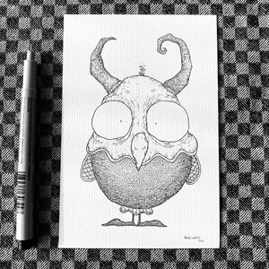 Gufo disegnato a mano, inchiostro su carta, pezzo unico.