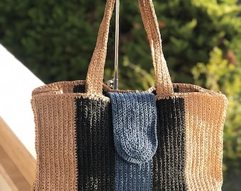 Bolso tote de ganchillo a rayas hecho a mano, bolso bohemio de hilo de papel natural
