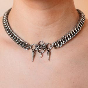 SNAKE BITES | Handmade Chainmail Choker, Stainless Steel + Spikes + Pearls