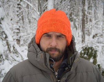 Maine 3 Season Brim-Lined Blaze Orange Merino Wool Blend Hunting Hat - Fleece-lined Brim Hand knit by MountainBlaze