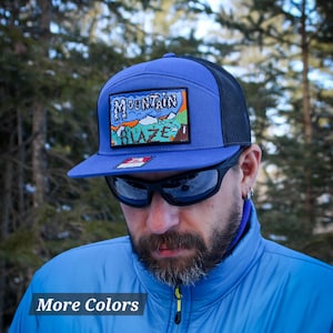 Flat Bill Trucker Cap with MountainBlaze Embroidered Patch: Richardson Hi-Pro 7-panel Trucker Hat