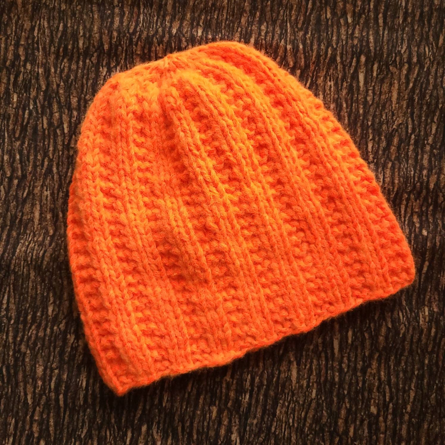 Hand Knit Neon Orange Beanie: Lightweight Wool Blend Ribbed Hat