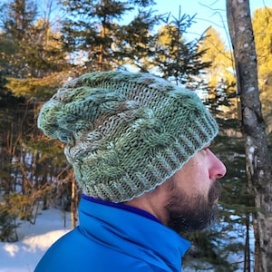 Wool Blend Hand Knit Hat with Cable Pattern - Fleece-Lined Brim-*Made in Maine, USA*