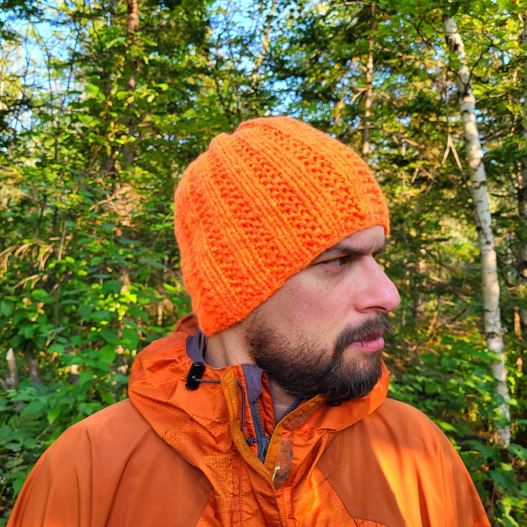 Hand Knit Neon Orange Wool Blend Beanie: Solar Storm-lightweight