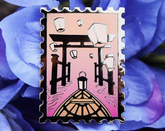 Torii Tor Japanisch inspiriert Sonnenuntergang Farbverlauf Laterne Stempel Emaille Pin