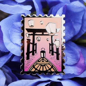 Torii Gate Japonés Inspirado Atardecer Gradiente Linterna Sello Esmalte Pin