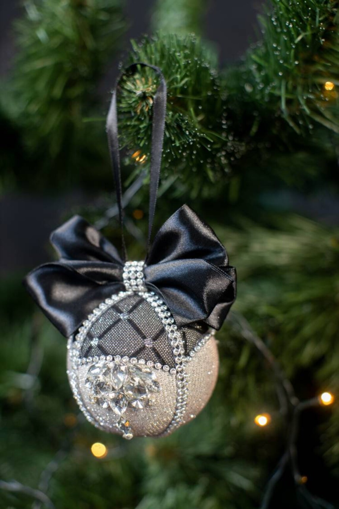 Christmas black balls rhinestones ornament in gift box New Etsy