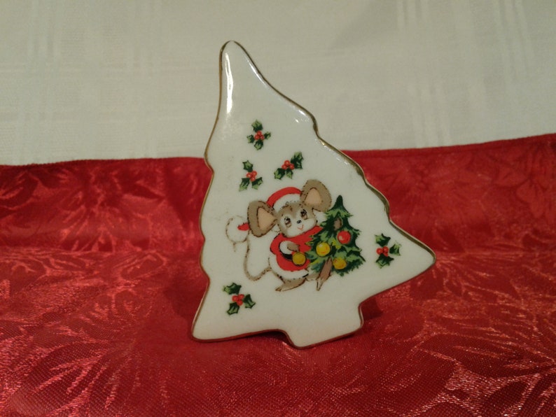 Porcelian Christmas Tree Box with Mouse and Holly Vintage Lefton China Christmas Tree Trinket Box