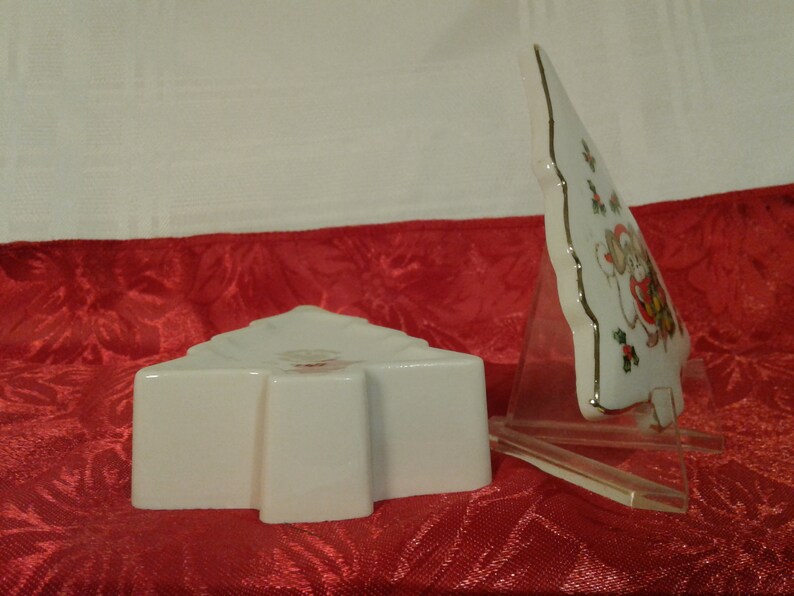 Porcelian Christmas Tree Box with Mouse and Holly Vintage Lefton China Christmas Tree Trinket Box