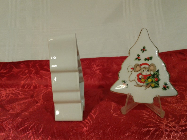 Porcelian Christmas Tree Box with Mouse and Holly Vintage Lefton China Christmas Tree Trinket Box