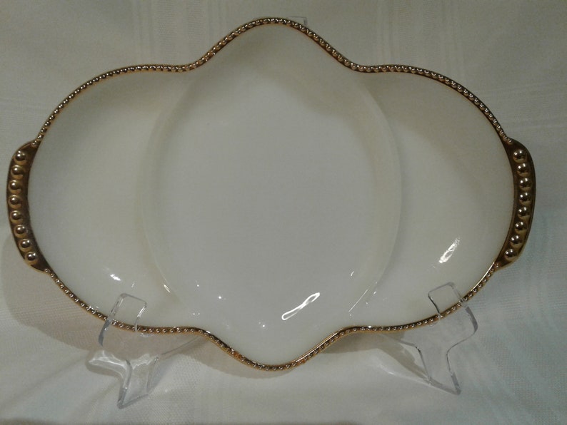Vintage Fire King Relish Dish, Oven Ware, Milk White With Gold Trim, 3