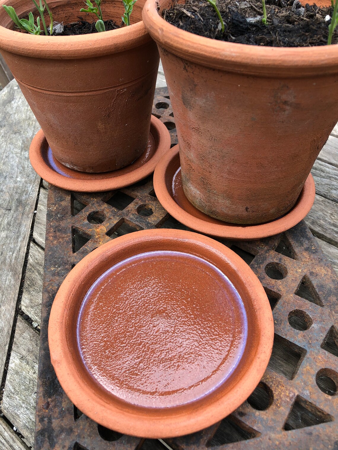 Set of 3 handmade glazed terracotta pot saucers. Etsy