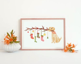 Lovely Dog Christmas socks Tree Love Sweet Cute Kawaii Illustration - home decor art room Merry Print Wall Art