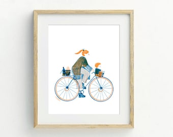 Bicycle mom and child  - home decor print art print - wall - kids nursery room romantic