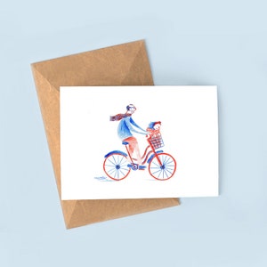 Süße Fahrrad Papa und Tochter Postkarte | Original painintg Druck | Vater und Kind Fahrrad Illustration