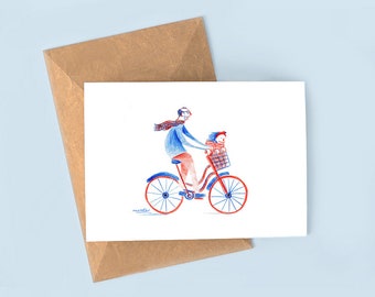 Cute Bike Dad and Daughter Postcard | Original painintg Print | Father and Child Bicycle illustration