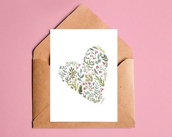 Heart Watercolor Postcard | Original painintg Print | floral pattern