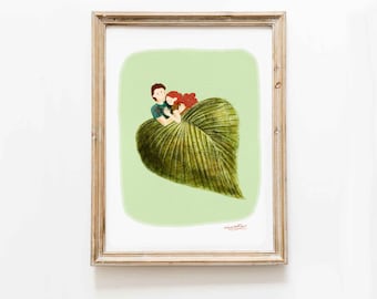 Lovely Couple Sleeping Love Dreamy Leaf Nature Valentine Cute Kawaii Illustration - home decor print art print - wall - kids nursery room