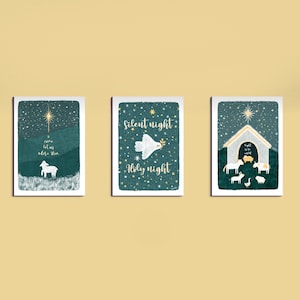 Ensemble de 3 cartes postales Collection Multipack Art Illustration de Noël Nativité Bébé Jésus Mouton Colombe Dieu