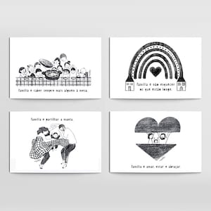 Conjunto de 8 Postcard Collection Multipack Art Assorted Quotes Family Love Illustration Black and White Família Family Theme
