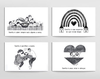 Set of 8 Postcard Collection Multipack Art Assorted Quotes Family Love Illustration Black and White Família Family Theme