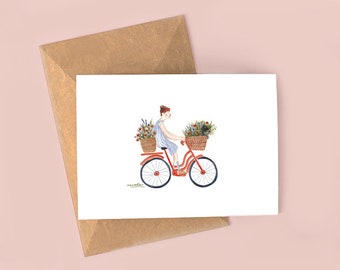 Cute Bike Flowers Girl and Dog Postcard | Original painintg Print | Bicycle illustration