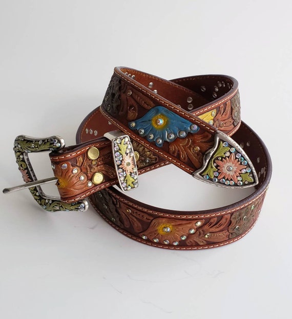 Multicolor Tooled Floral & Rhinestone Studded Leat