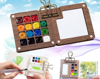 Portable Watercolor Kit: 15 Colors, Walnut Wood Travel Set