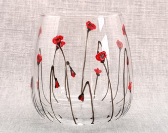 Hand-painted 'Poppy ' Stemless Wine Glass