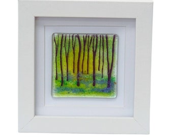Fused glass small framed picture, mini fused glass art, bluebell woods art, fused glass bluebells- trees picture