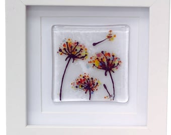 Fused glass small framed picture, mini fused glass art, rainbow dandylion wishes, fused glass flower picture