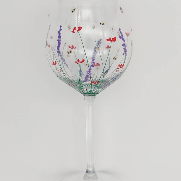 Hand-painted 'summer meadow ' design large wine glass