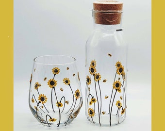 Hand painted 'Bee and Sunflower' design bedside water set