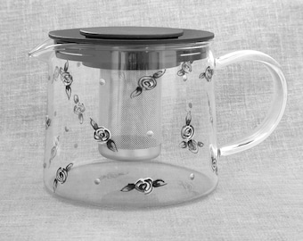 Hand-painted Black and White Rose Glass Teapot