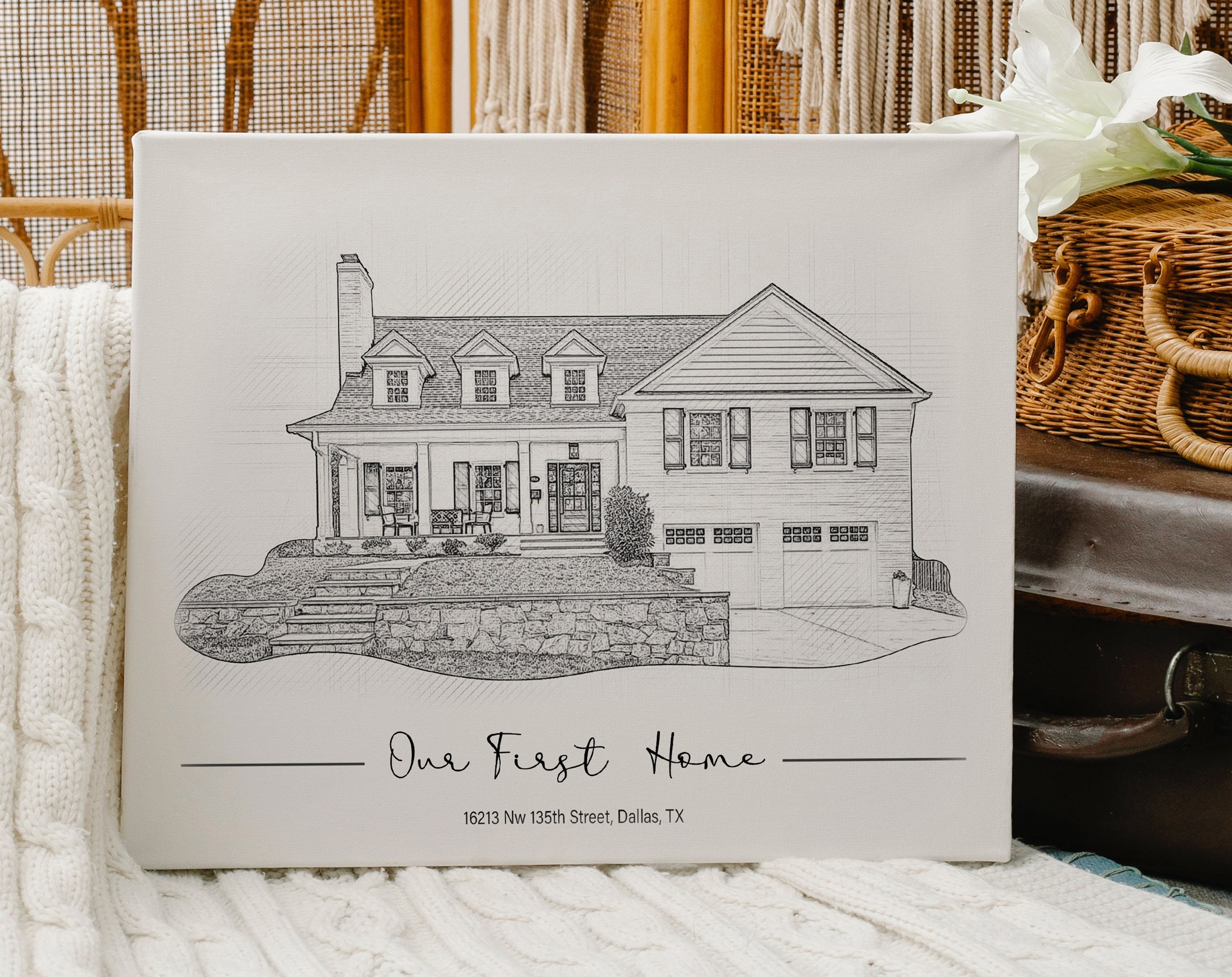Black and White House Portrait From Photo, Digital Pencil Drawing Wall ...