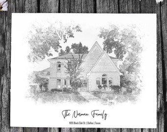 Puede incluir: Un boceto en blanco y negro de una casa con un gran jardín delantero y árboles. El texto "The Norman Family" y "1009 Black Oak St. | Dallas | Texas" está escrito debajo de la casa.